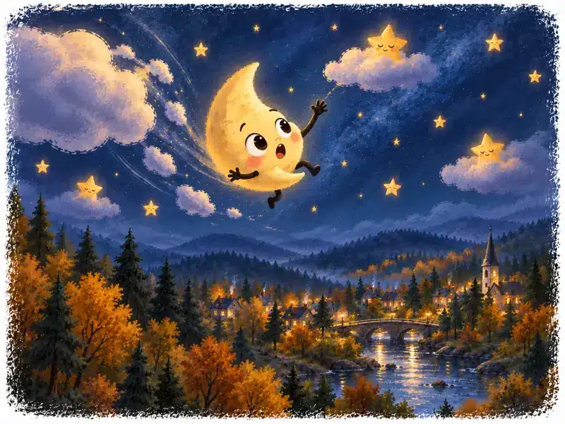 The surprised Little Moon loses his balance and tumbles down from the sky.