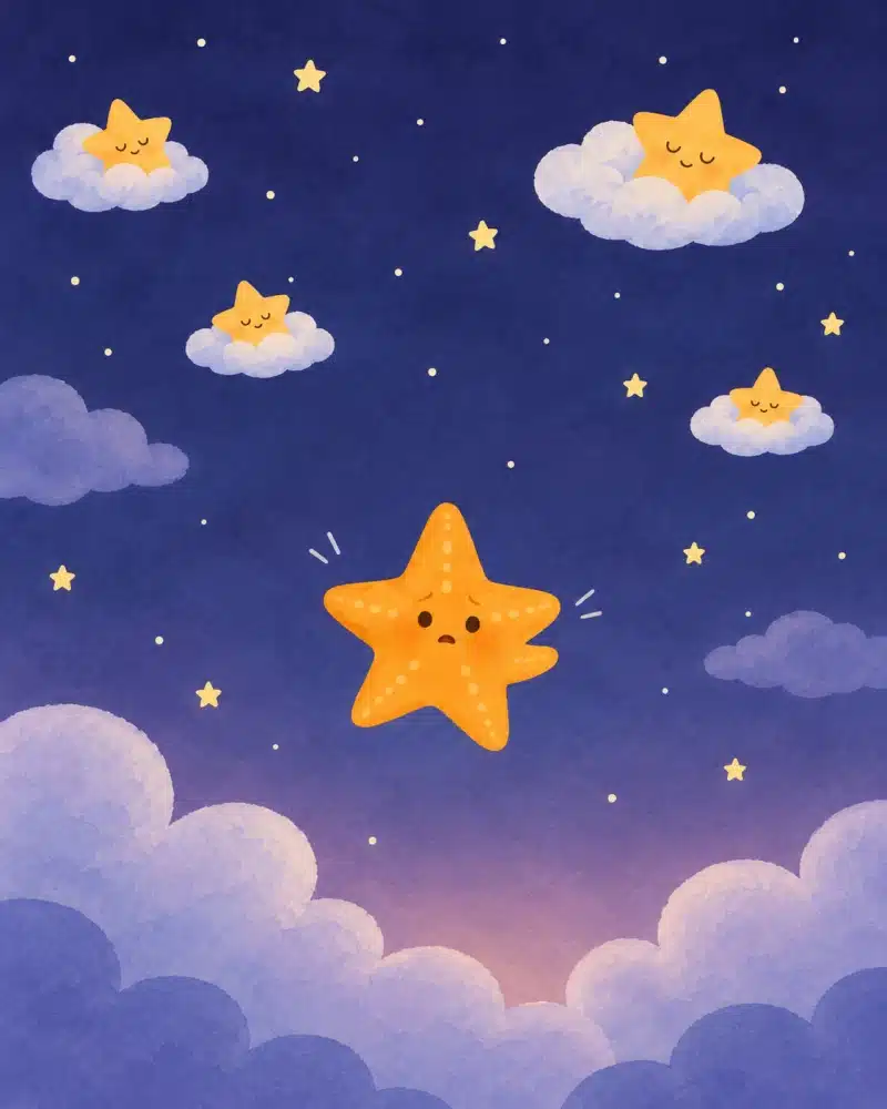 Brillita busca a Puf en el cielo oscuro mientras las demás estrellitas duermen sobre sus almohadas de nube.