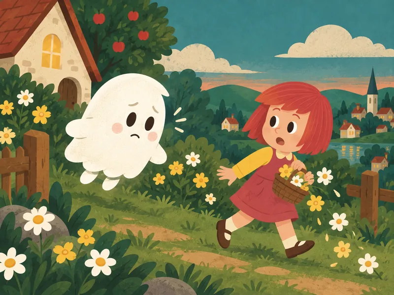 Una niña sale corriendo después de que Boo la salude amablemente junto a las flores
