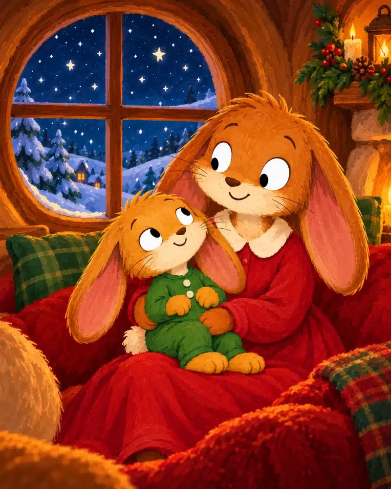 Little Tuck grows sleepier while watching bright stars appear above the snowy forest.