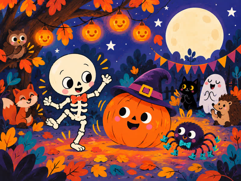 Bertha wears a witch hat, Pipo a sparkling bow tie, and Bonesy a red bow