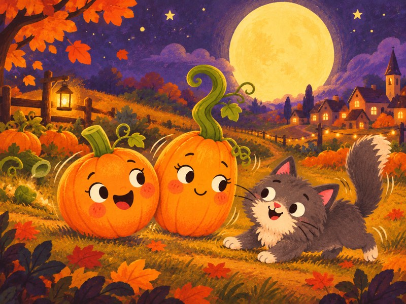 Liza the fluffy cat invites Orangeade and Twisty on a Halloween adventure