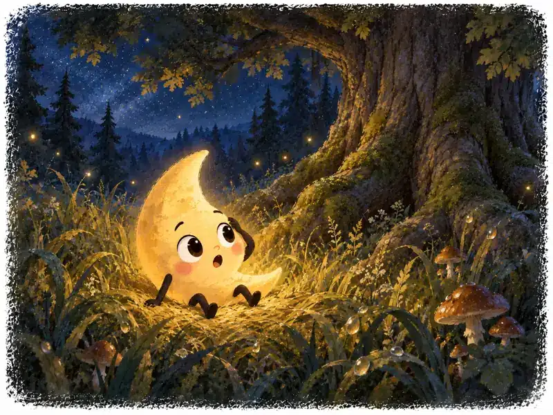 The Little Moon sits in tall grass beneath the tallest tree in the nighttime forest.