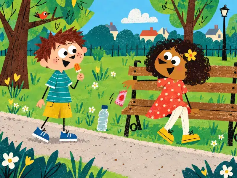 Rose lets her fruit-bar wrapper fall after seeing the bottle on the grass as Felix watches.