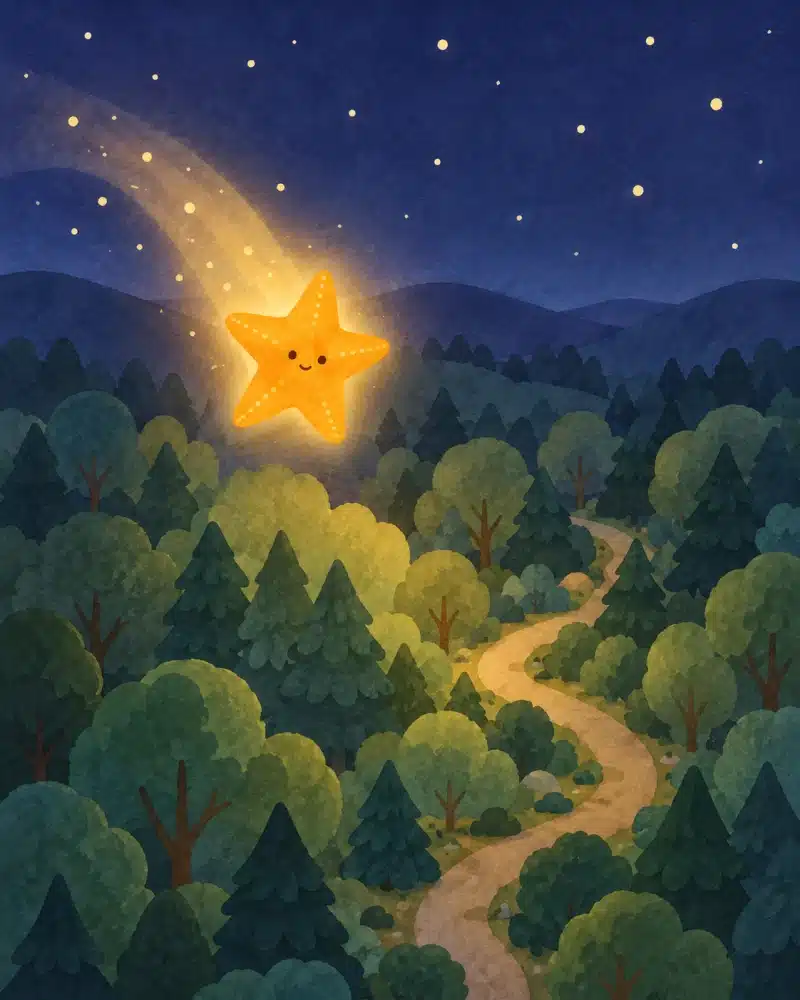 Brillita resplandece mientras vuela sobre un sendero sinuoso en el bosque nocturno.