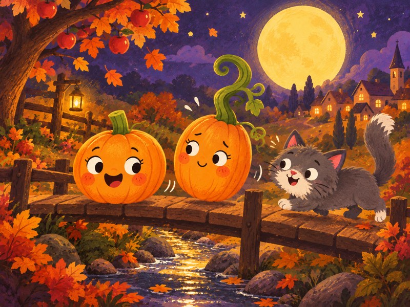 Orangeade and Twisty roll across a little wooden bridge with Liza beside them