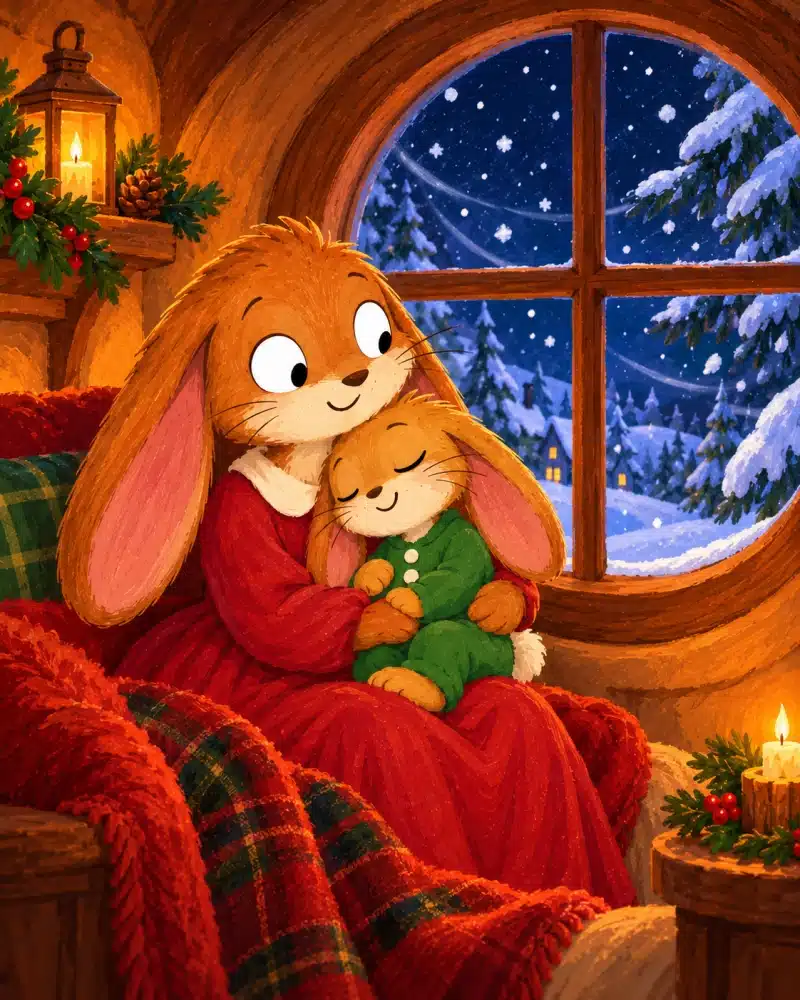 Little Tuck rests against Mama Bunny while the gentle winter wind swirls snow past the window.