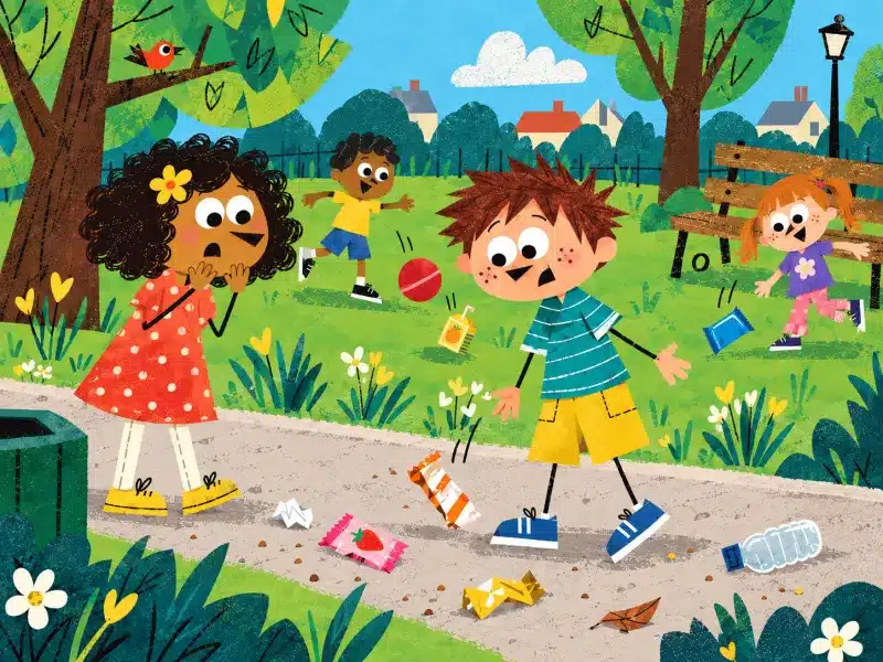 Felix and other children copy the littering until wrappers, a juice box and a bottle cover the park path.