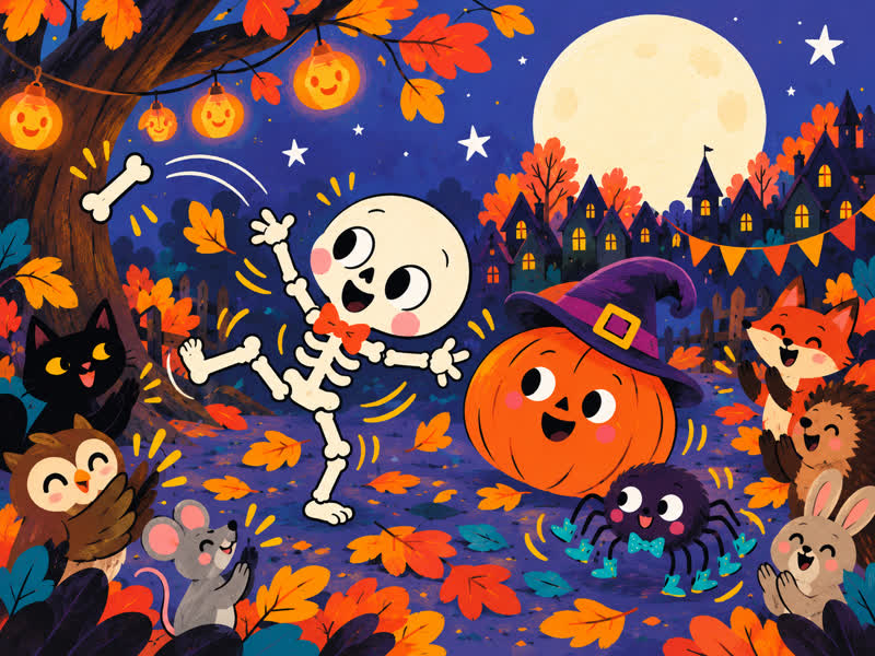 A bone flies from Bonesy's leg during his wild skeleton dance