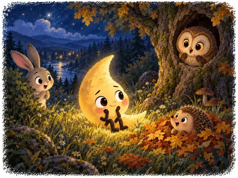 An owl, a rabbit and a hedgehog discover the glowing Little Moon in the forest grass.