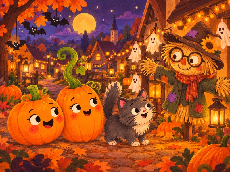 Orangeade, Twisty and Liza gaze at the glowing Halloween village