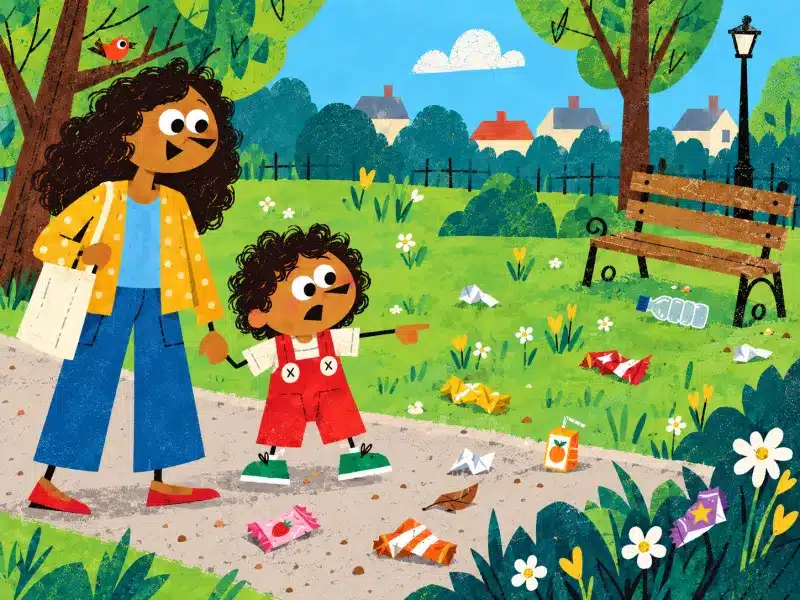 Johnny points to the rubbish scattered around the park while his mum stands beside him.