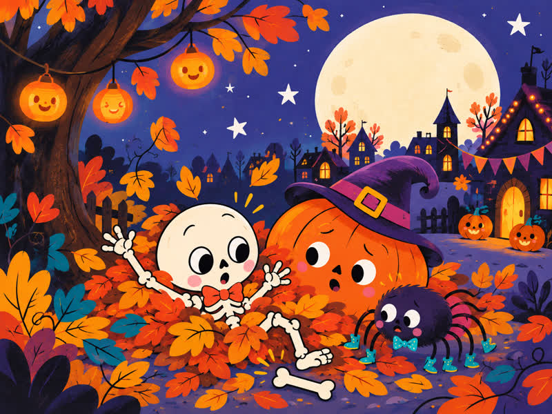 Bonesy lands in a soft pile of autumn leaves and discovers his bone is missing