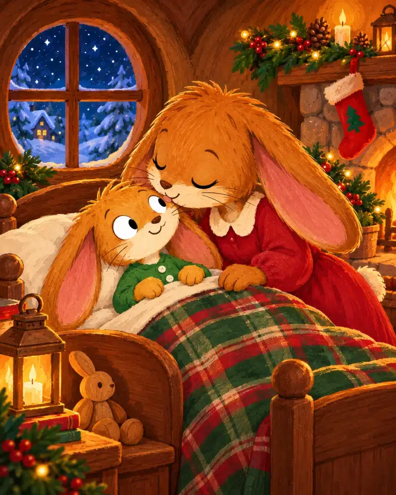 Mama Bunny pulls up Little Tuck’s plaid blanket and gives him a soft kiss on the nose.