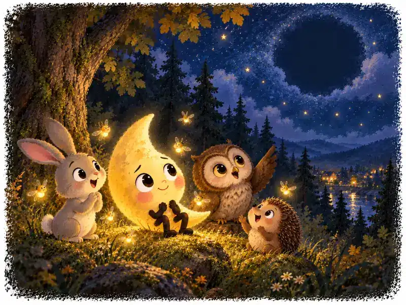 The forest animals and fireflies explain why they miss the Little Moon’s light at night.