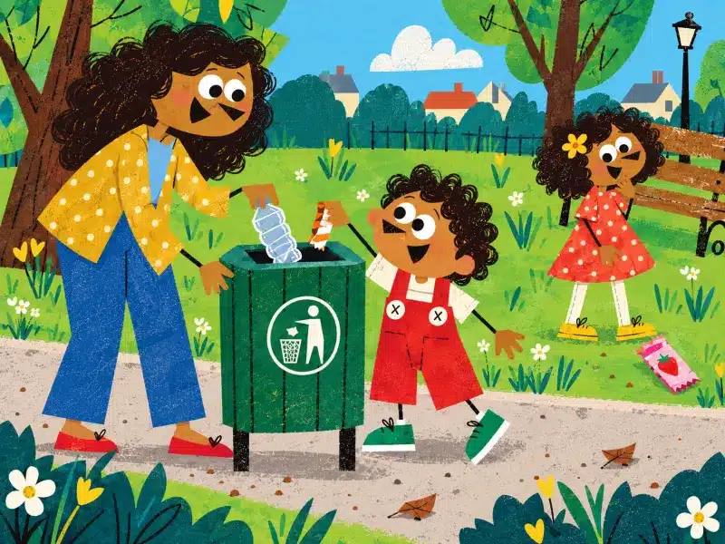 Johnny and his mum place rubbish into the green bin while Rose realizes which wrapper is hers.