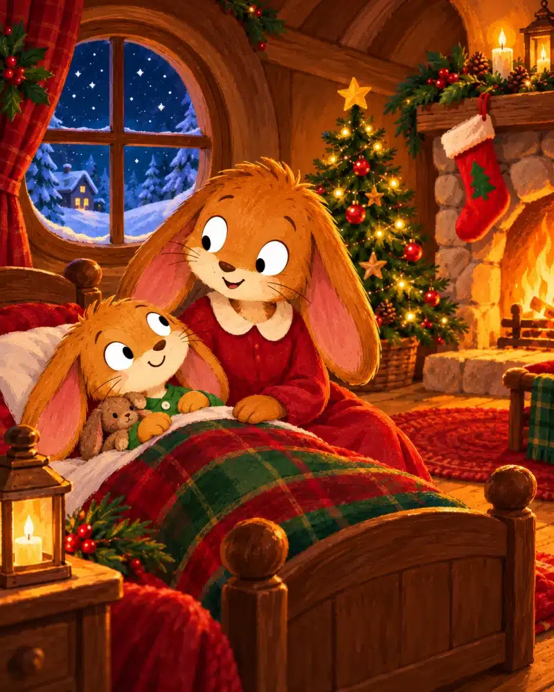 An empty red stocking hangs beside the glowing fireplace while Mama Bunny whispers to Little Tuck.