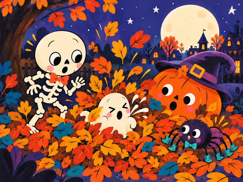 A sleepy little ghost sneezes from beneath the leaves while the friends search