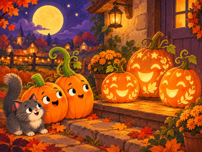 Orangeade and Twisty meet three glowing pumpkin friends beside a cottage
