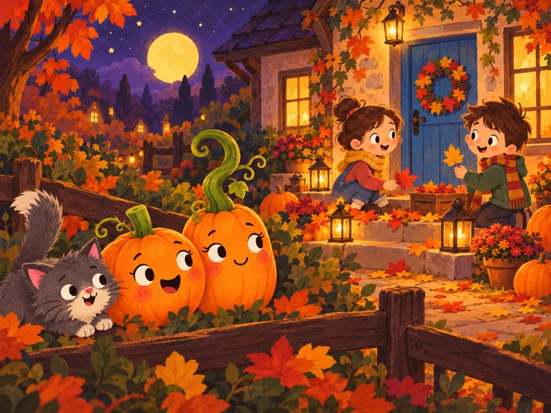 Two children decorate the cottage with blue doors while the pumpkins listen nearby