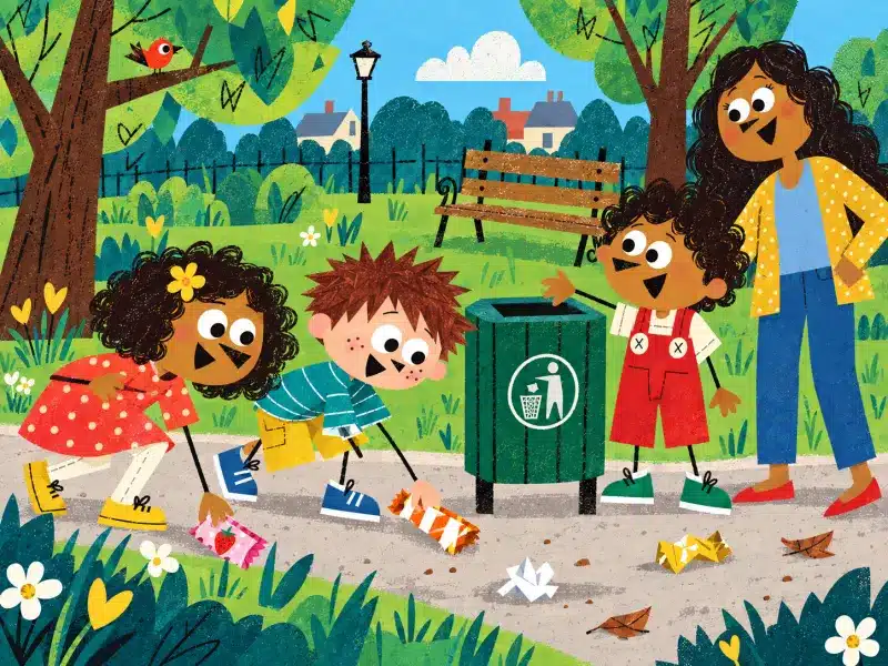 Rose and Felix pick up their own wrappers as Johnny and his mum encourage them.