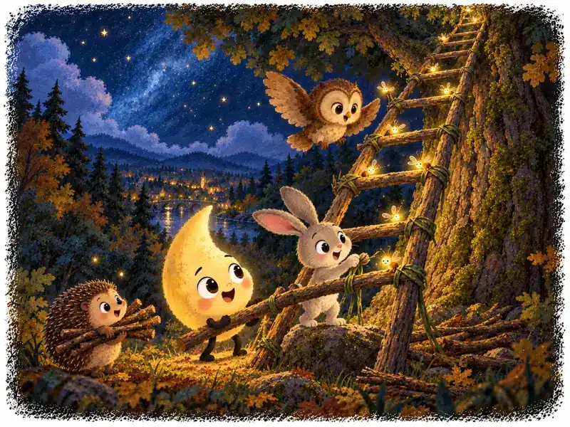 The hedgehog carries twigs, the rabbit ties them, the owl checks the ladder and fireflies light the rungs.