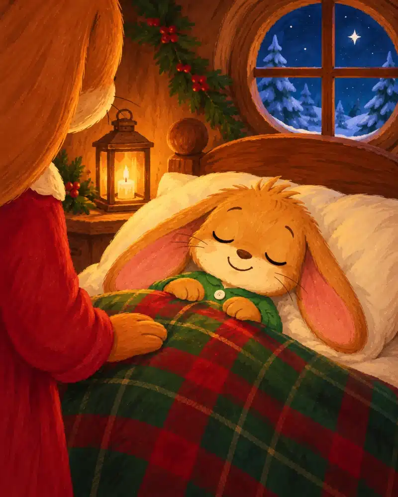 Little Tuck smiles with his eyes closed while Mama Bunny gently smooths his warm plaid blanket.