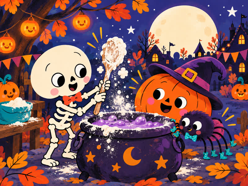 Bonesy finds a long flour-covered spoon beside the witch's cauldron