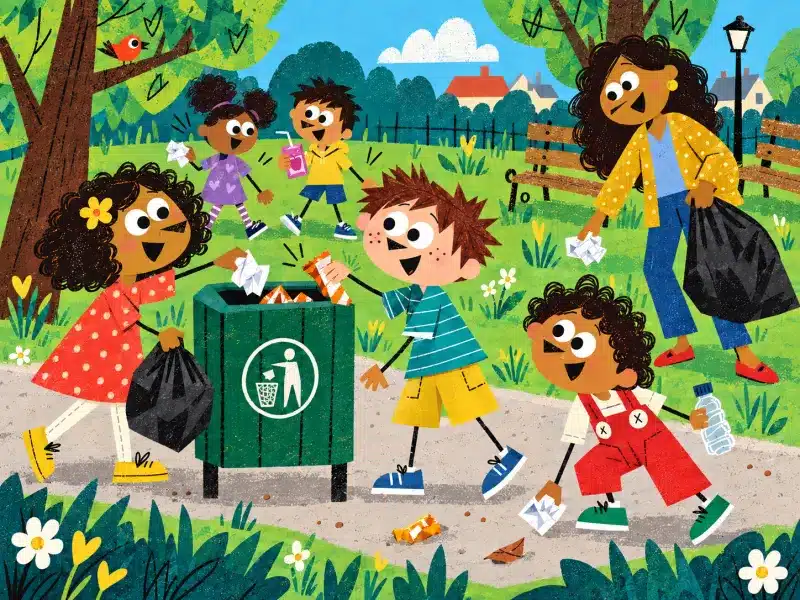Children and Johnny's mum work together to clean wrappers and bottles from the park.