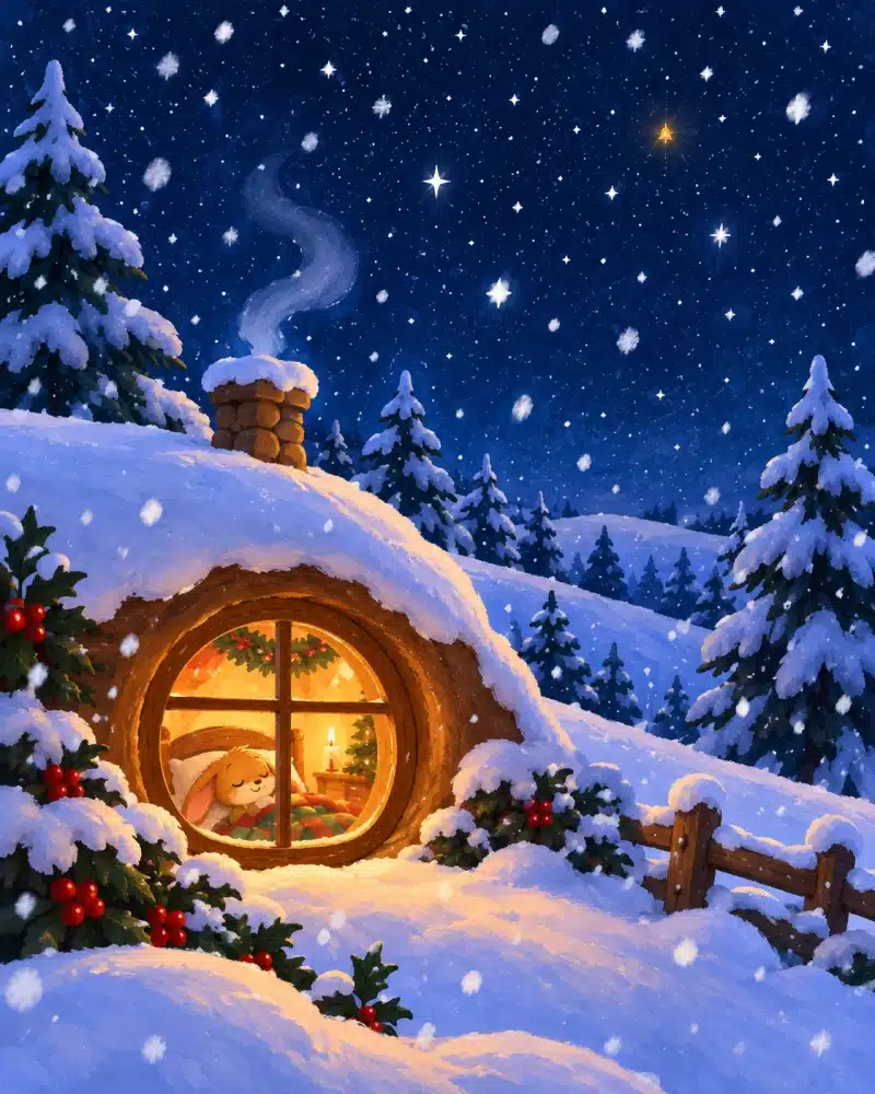Snow falls over the quiet hill while Little Tuck sleeps safely inside the warm Christmas burrow.