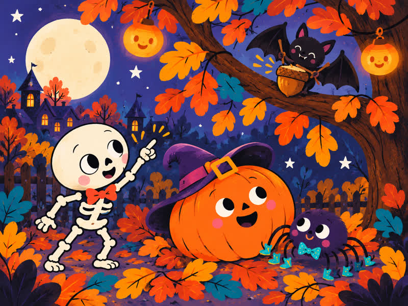 A little bat taps an acorn drum while Bonesy, Bertha, and Pipo listen