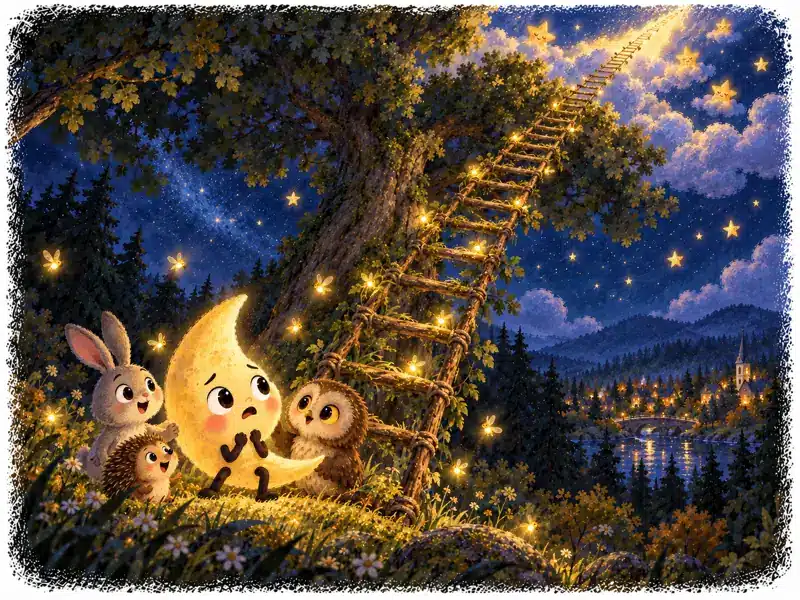 A huge ladder reaches toward the sky as the friends encourage the nervous Little Moon.