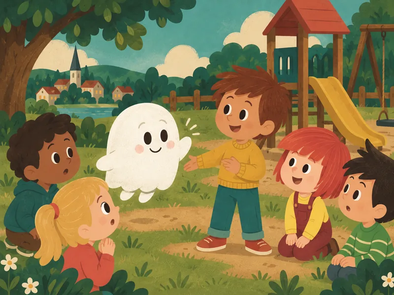 Oliver explica a los niños del parque que Boo es un fantasma bueno