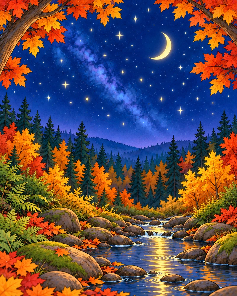 Una luna creciente y estrellas titilantes brillan sobre el tranquilo bosque otoñal y un arroyo que refleja la luz dorada.