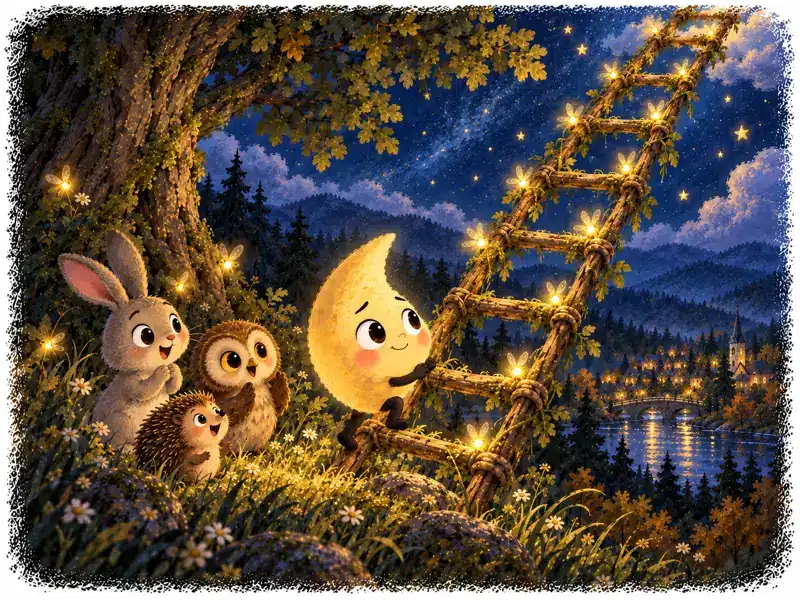 The Little Moon takes his first careful steps up the ladder while his friends sing below.