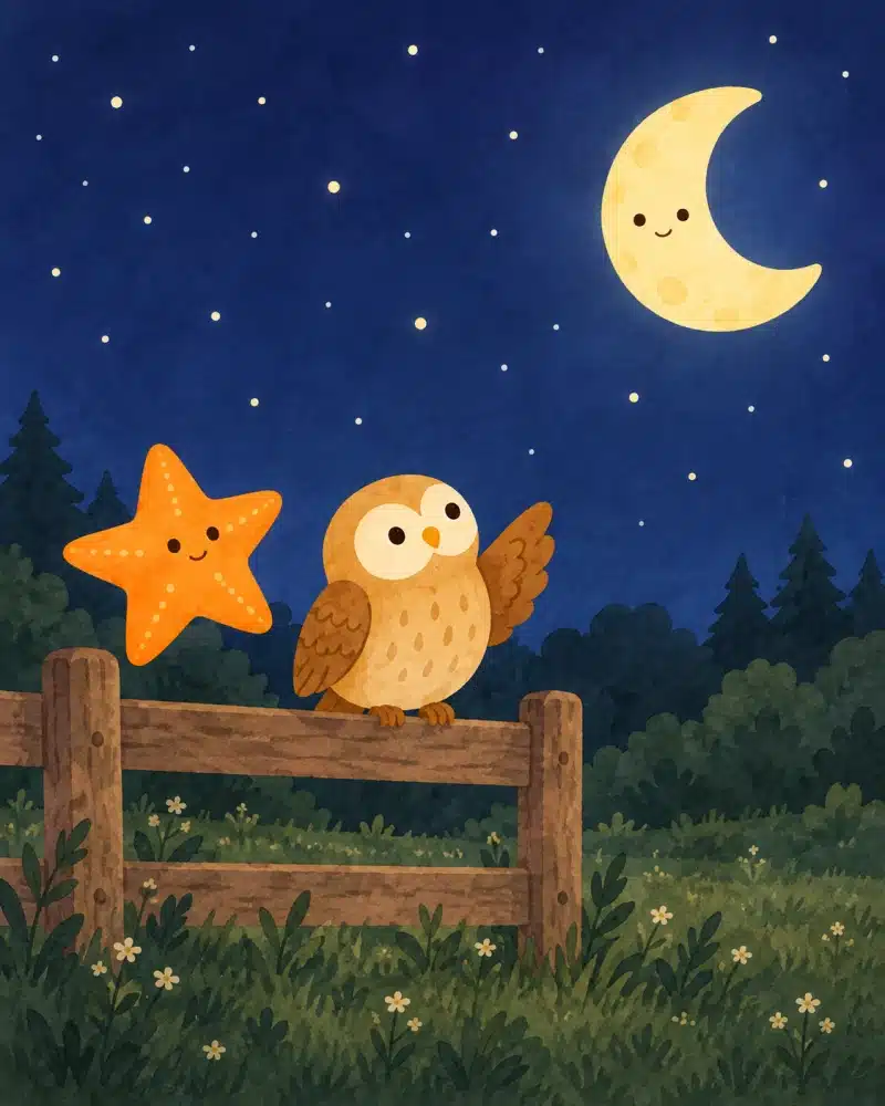 Una sabia lechucita sobre una vieja cerca señala a Brillita la Luna creciente sobre la pradera.