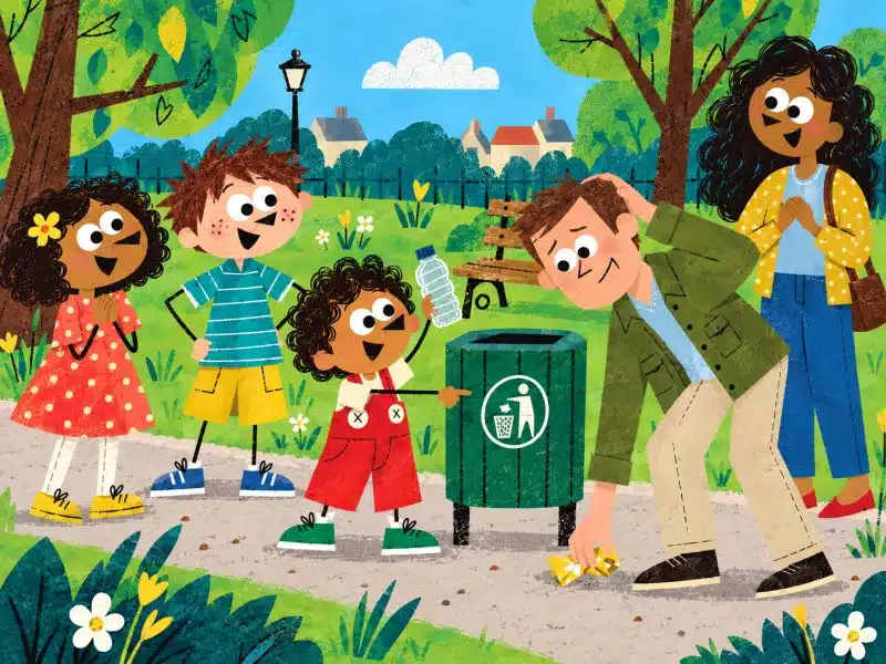 The embarrassed man picks up the last wrapper while Johnny points toward the litter bin.