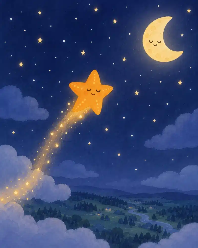 Brillita, cansada, vuela cada vez más alto hacia la Luna y deja tras ella una suave estela dorada.