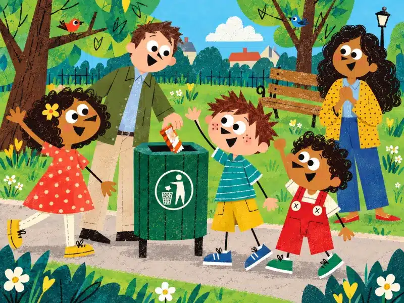 Rose, Felix and Johnny celebrate beside the bin as the man throws away the final wrapper in the clean park.