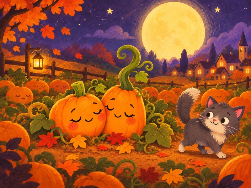 Orangeade and Twisty settle back into the pumpkin field and fall asleep
