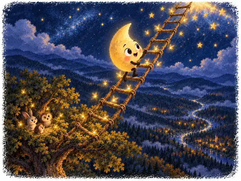 The Little Moon climbs high above the treetops as the stream shines like a silver ribbon below.
