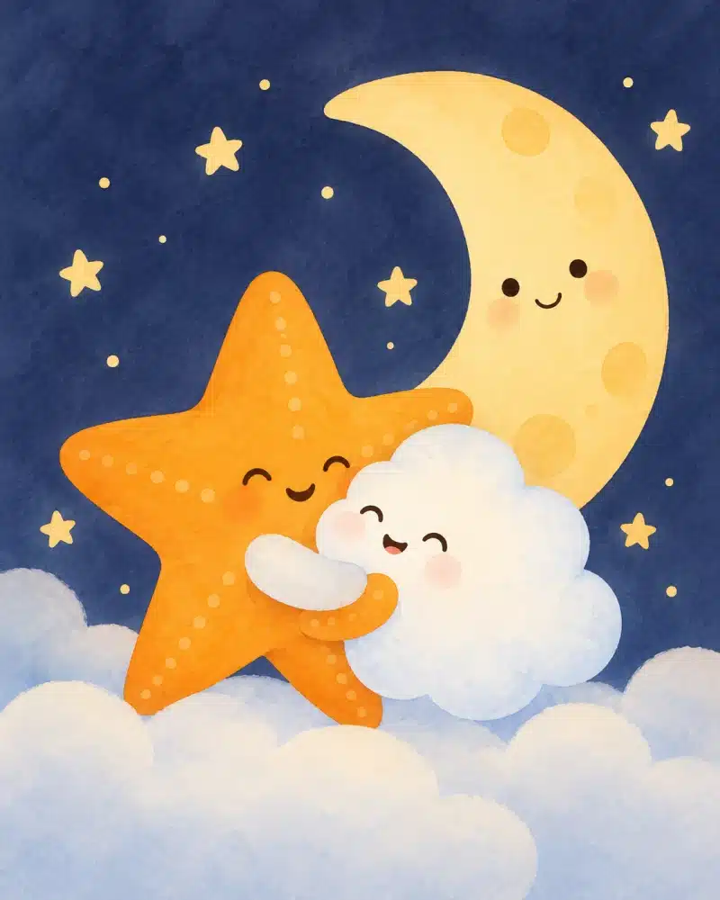 Brillita y Puf se abrazan felices junto a la Luna creciente después de encontrarse de nuevo.