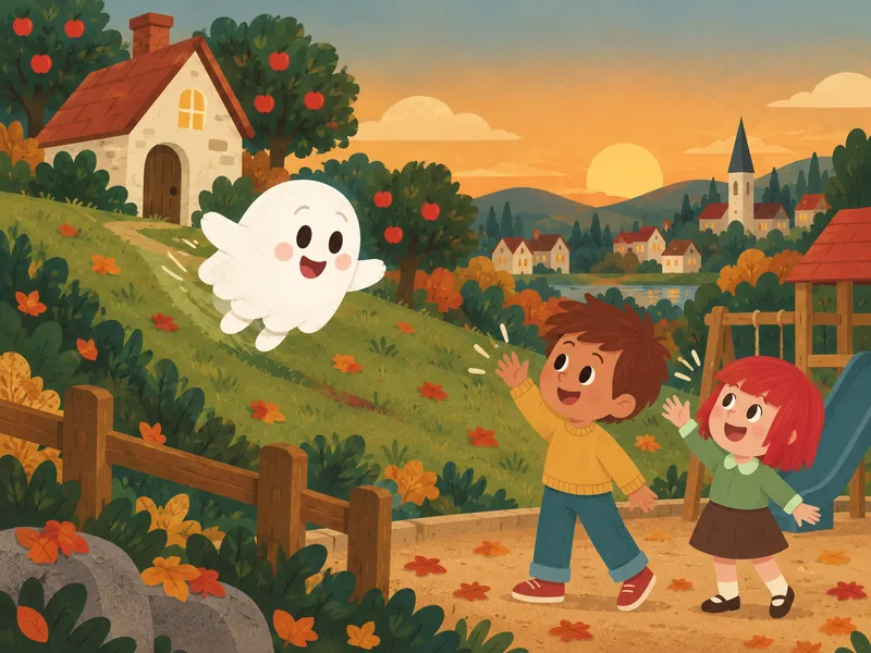 Boo baja feliz flotando por la colina mientras Oliver y los niños lo saludan y lo llaman para jugar