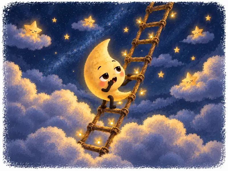 The Little Moon slows down, yawns and breathes calmly while climbing among the clouds and stars.