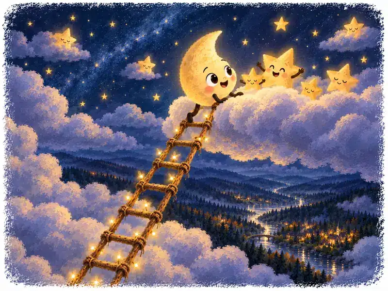 The stars happily welcome the tired Little Moon as he takes his final step back into the sky.