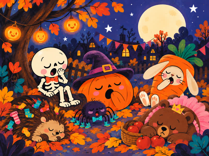 The costumed animals grow sleepy as the Halloween dance winds down