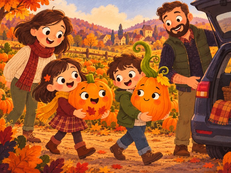 The family carries Orangeade and Twisty away from the pumpkin field