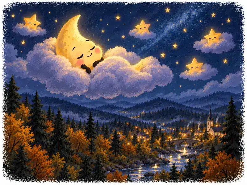 The Little Moon rests with one cloud as a pillow, another as a blanket and a third cuddled beside him.