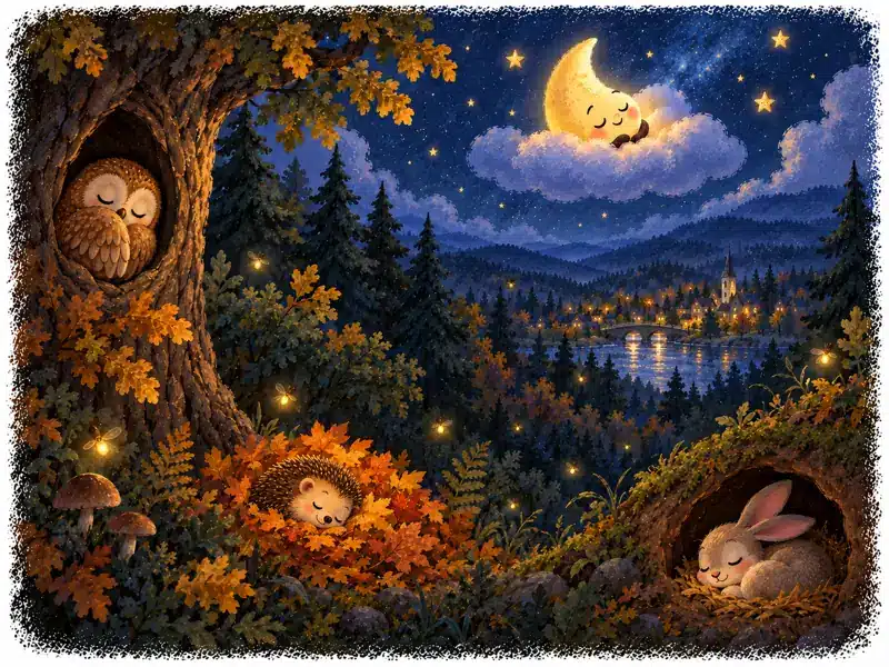 The owl, hedgehog and rabbit sleep peacefully in their forest beds beneath the Little Moon’s glow.
