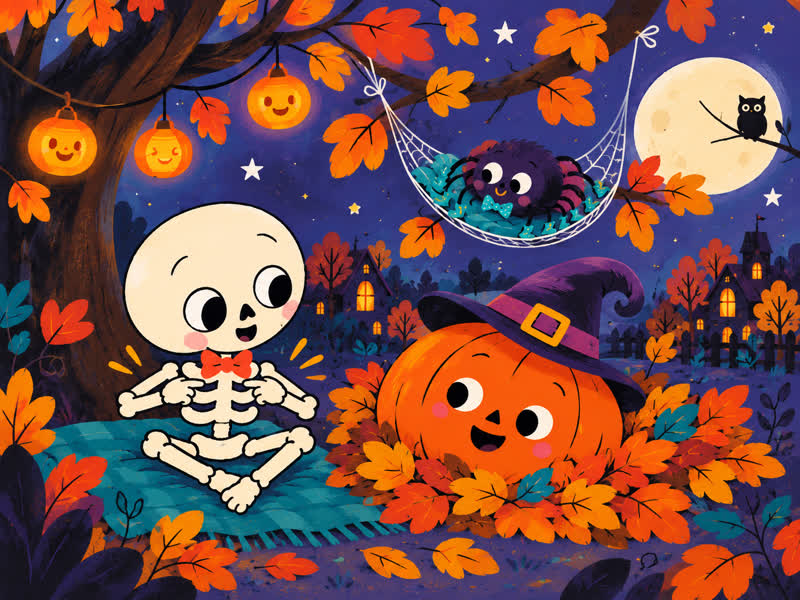 Bonesy counts his bones while Bertha rests in leaves and Pipo settles into a web hammock